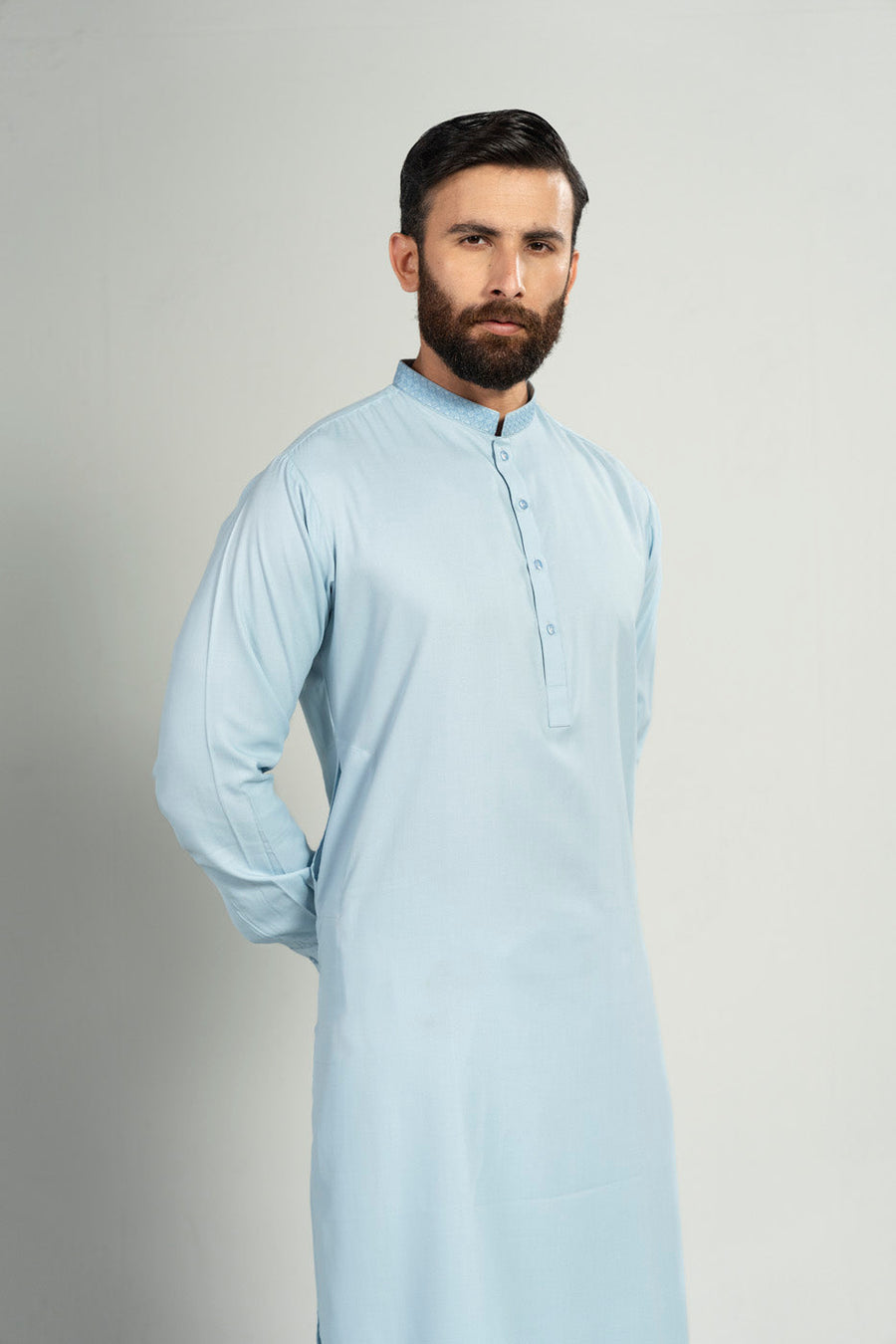Sky Blue Crape Dobby 2-Piece Kurta | Band Collar