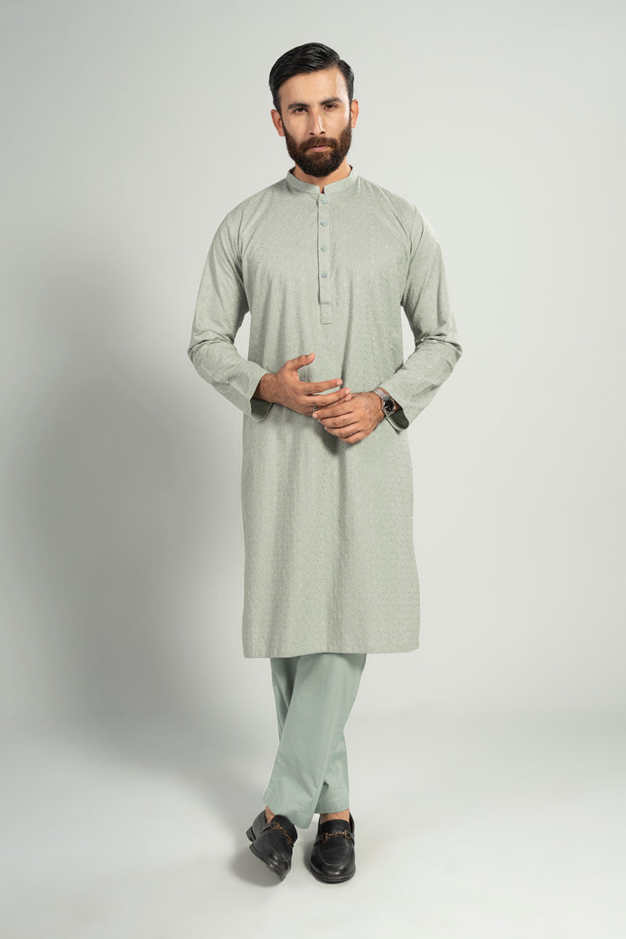 Sage Cotton 2-Piece Kurta Set | Henley Neckline