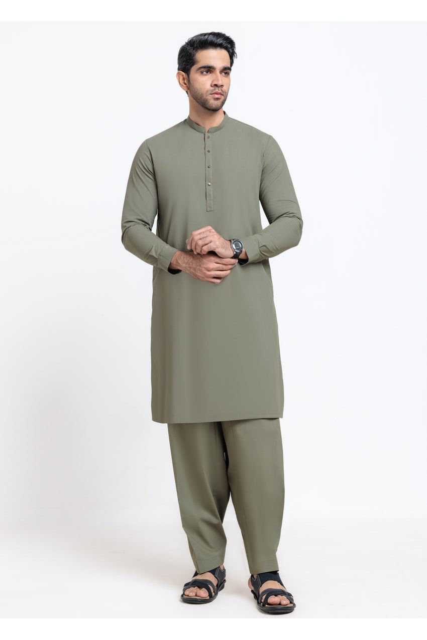 Sage Green Silk 2-Piece Salwar Suit | Henley Neckline - Pehnaawaa