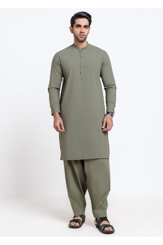 Sage Green Silk 2-Piece Salwar Suit | Henley Neckline - Pehnaawaa