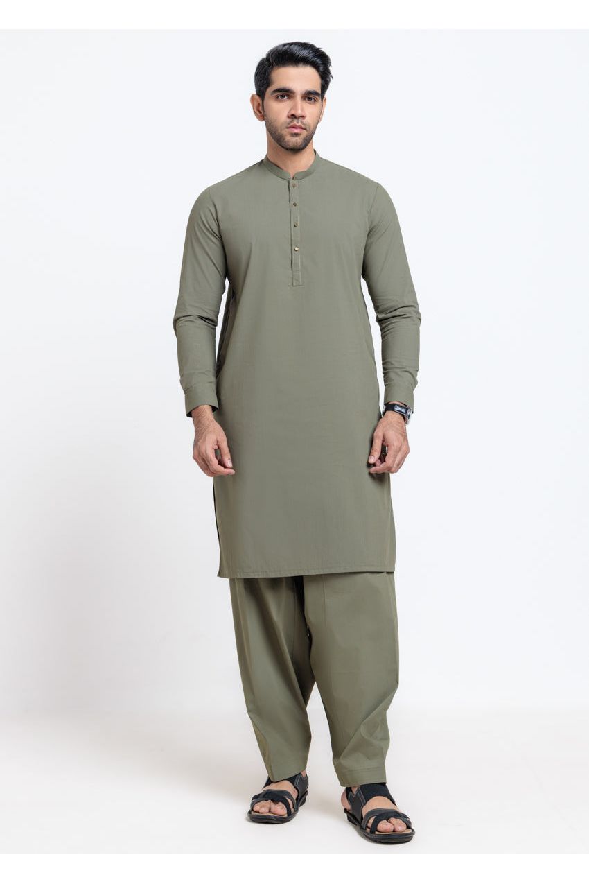 Sage Green Silk 2-Piece Salwar Suit | Henley Neckline - Pehnaawaa