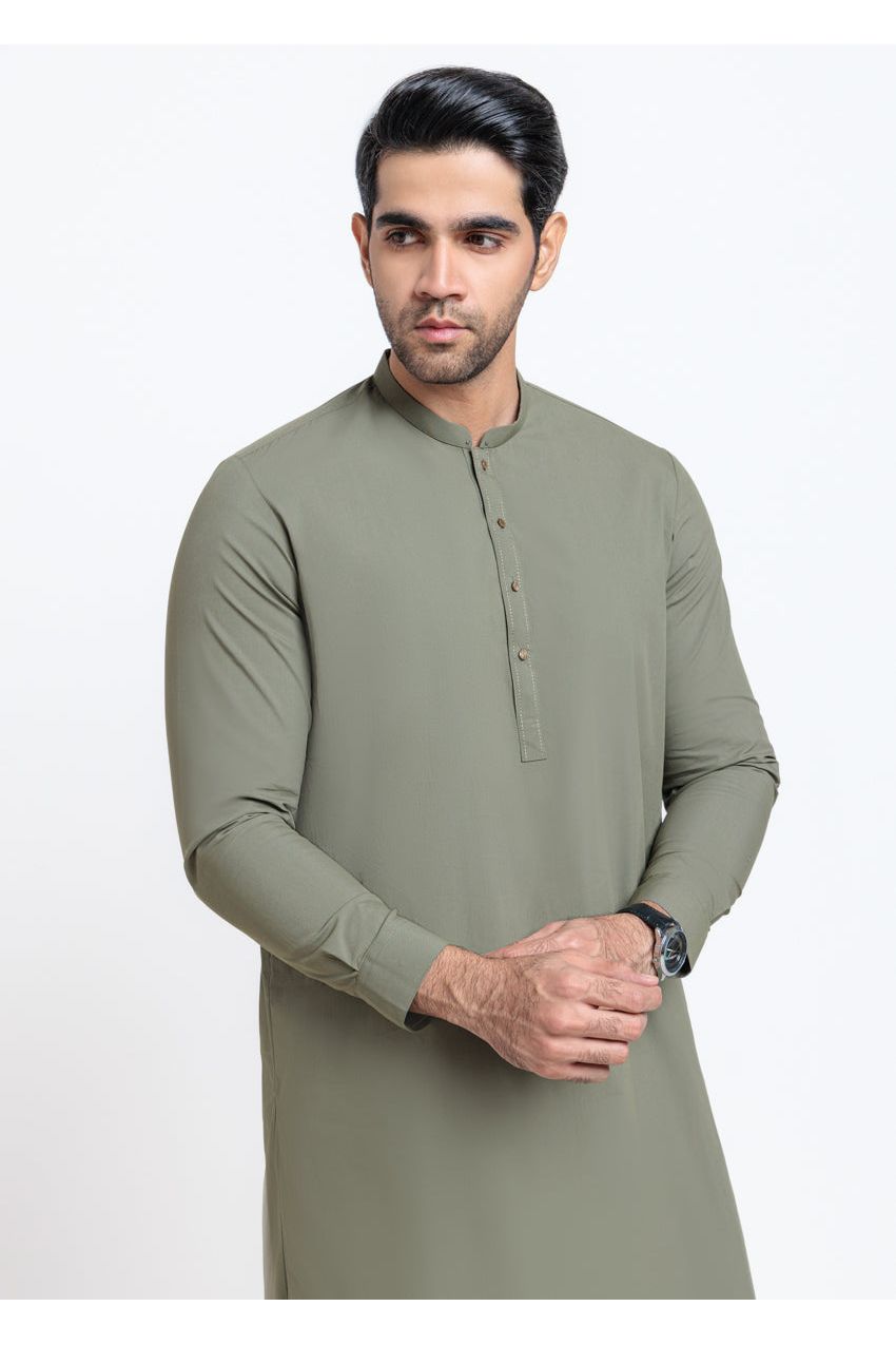 Sage Green Silk 2-Piece Salwar Suit | Henley Neckline - Pehnaawaa