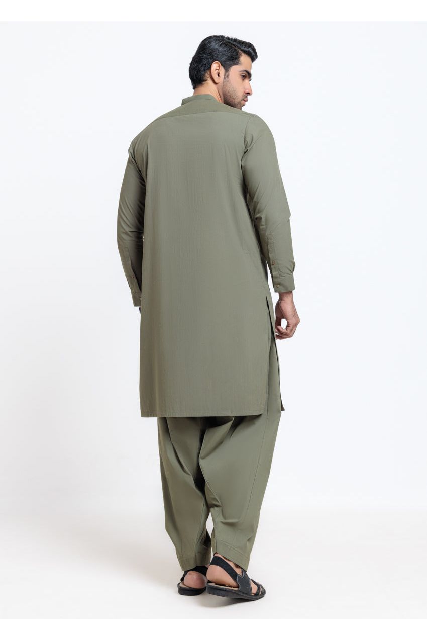 Sage Green Silk 2-Piece Salwar Suit | Henley Neckline - Pehnaawaa