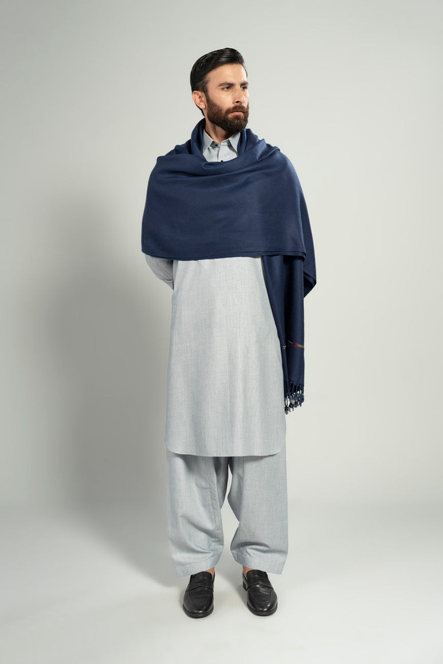 Midnight Navy Acrylic Shawl | Fringed Wrap - Pehnaawaa