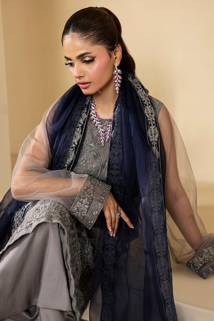 5336-ESME EMBROIDERED SILK NET STITCHED
