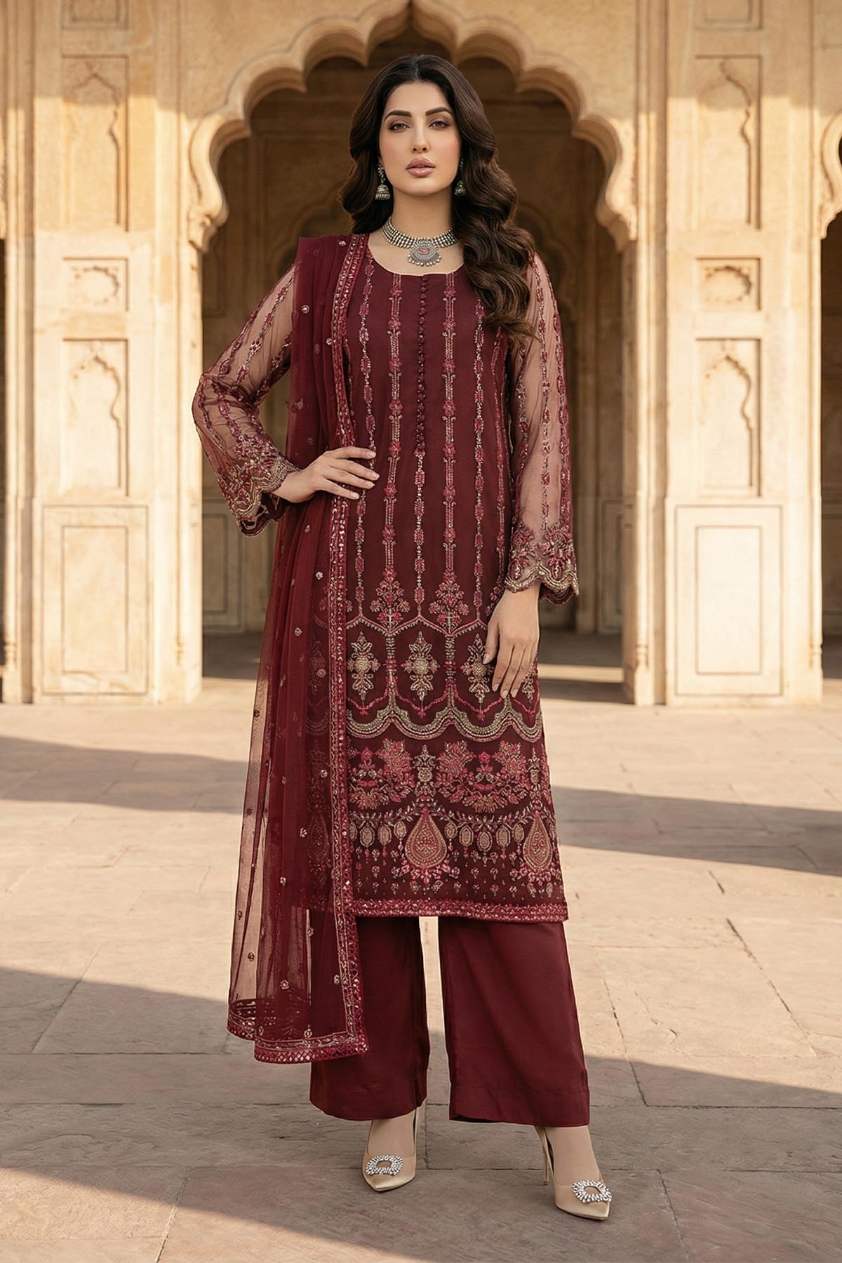 5345-NAOMI EMBROIDERED SILK NET STITCHED