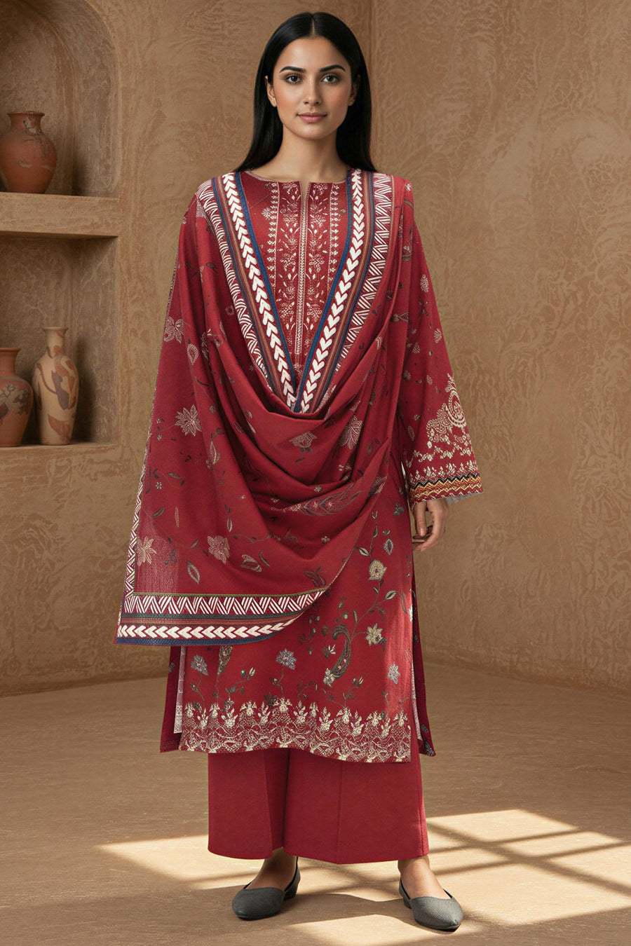Razva Digital Printed Khaddar 3-Piece Ready-to-Wear Suit with Dora Shawl