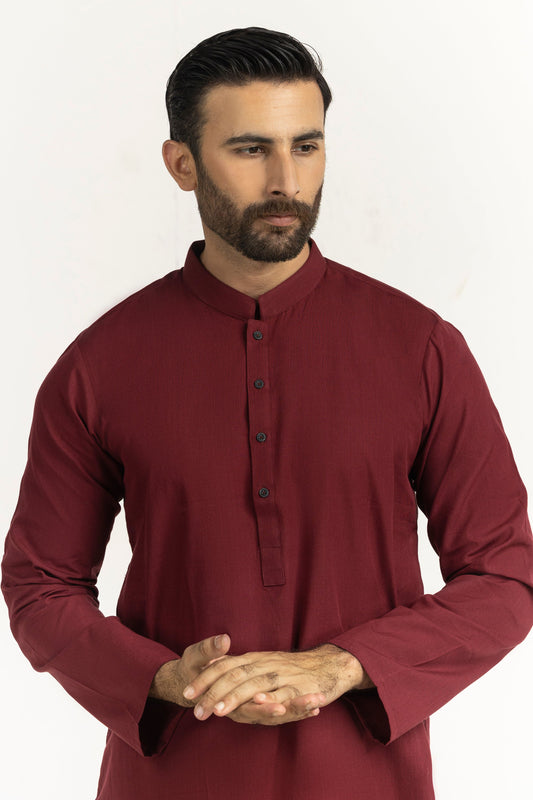 Burgundy Cotton 1-Piece Kurta | Mandarin Collar