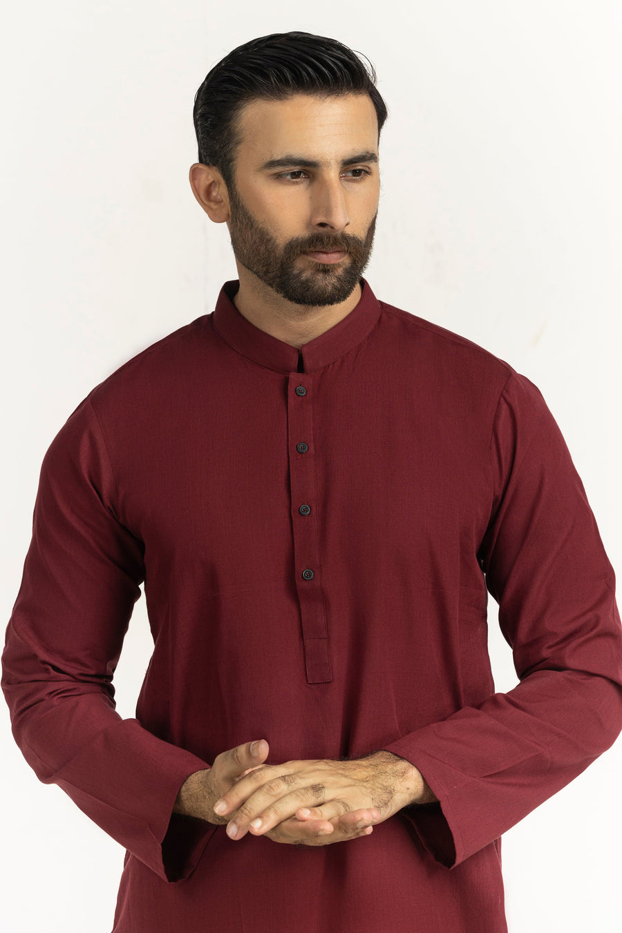 Burgundy Cotton 1-Piece Kurta | Mandarin Collar