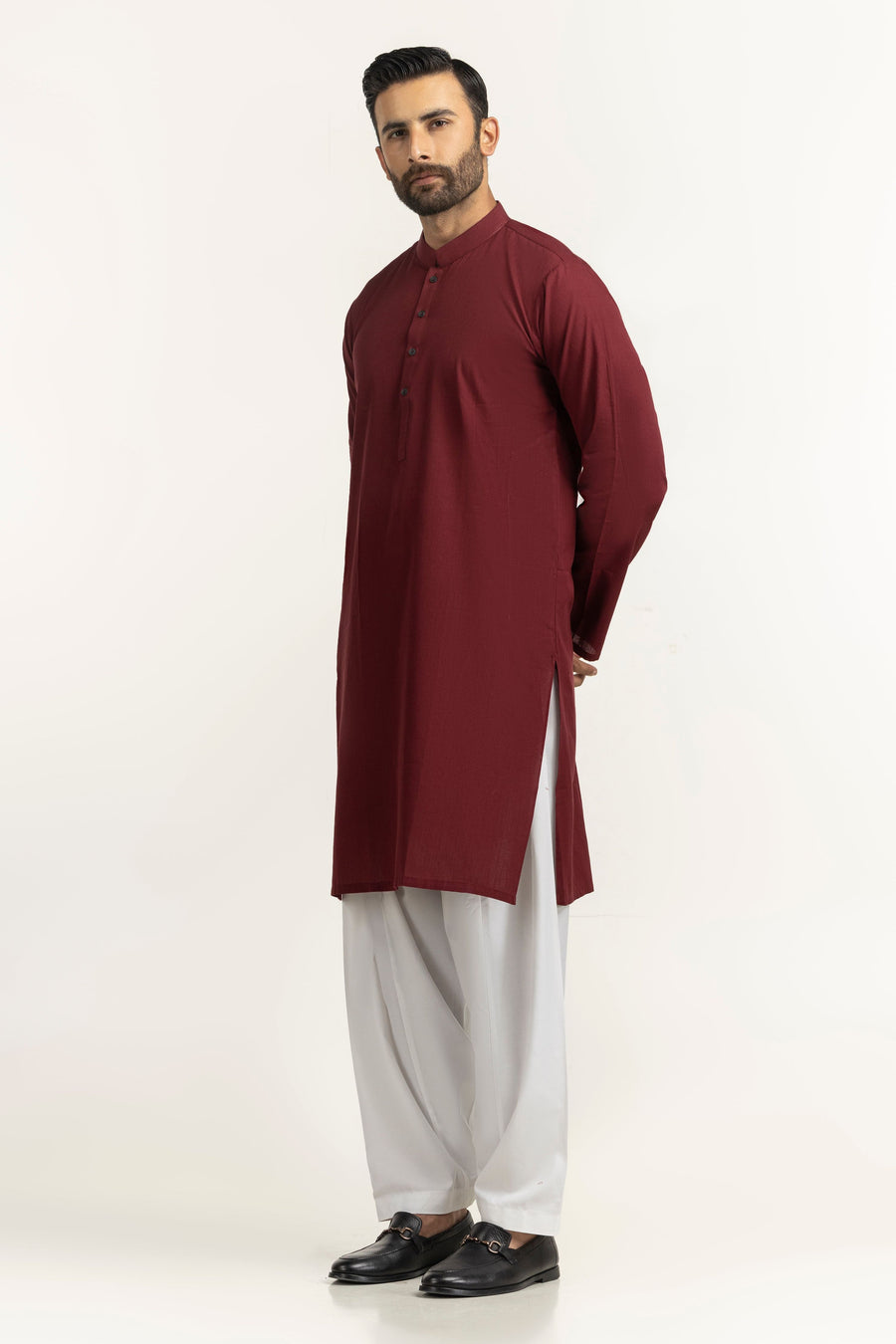 Burgundy Cotton 1-Piece Kurta | Mandarin Collar