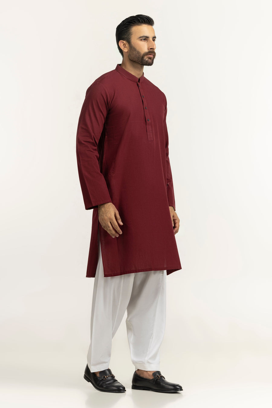 Burgundy Cotton 1-Piece Kurta | Mandarin Collar