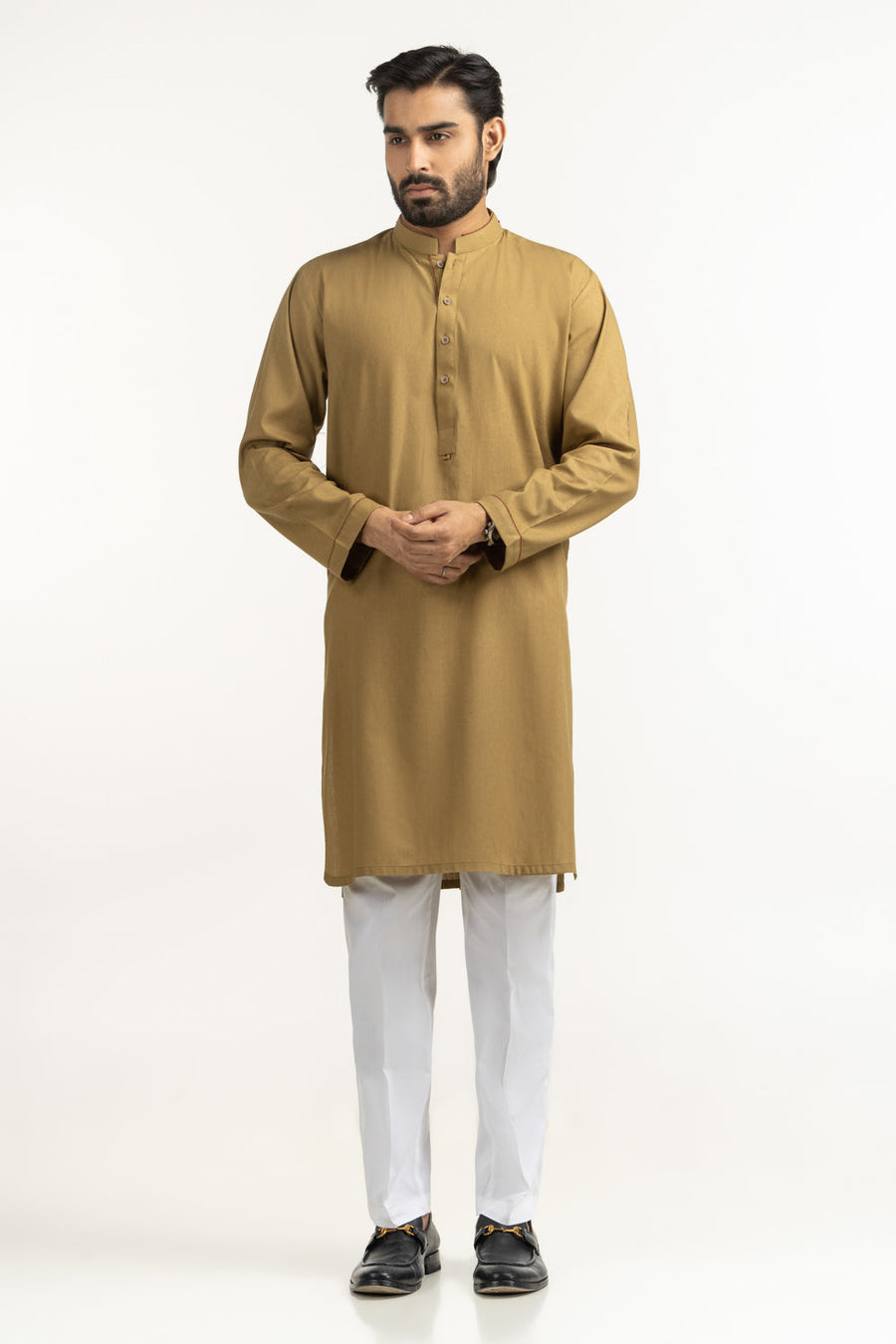 Mustard Mulberry Silk 2-Piece Kurta | Mandarin Collar