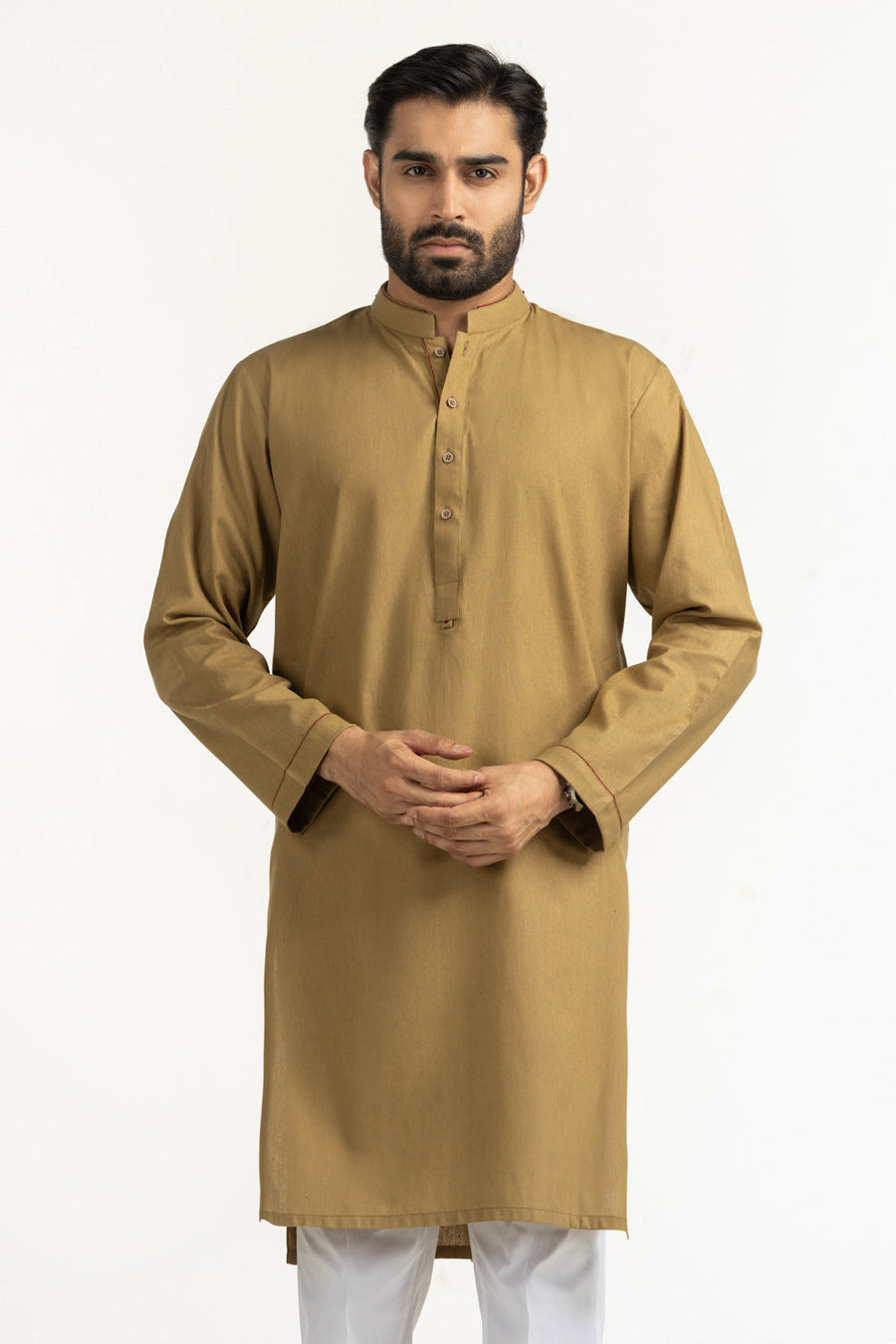 Mustard Mulberry Silk 2-Piece Kurta | Mandarin Collar