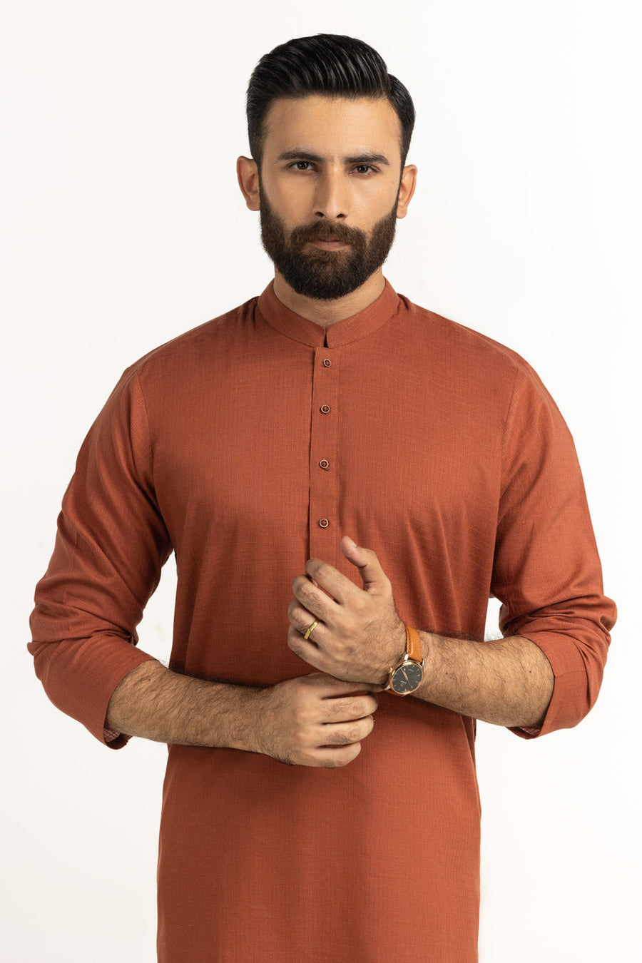Rust Brown Cotton Kurta | Mandarin Collar Minimalist