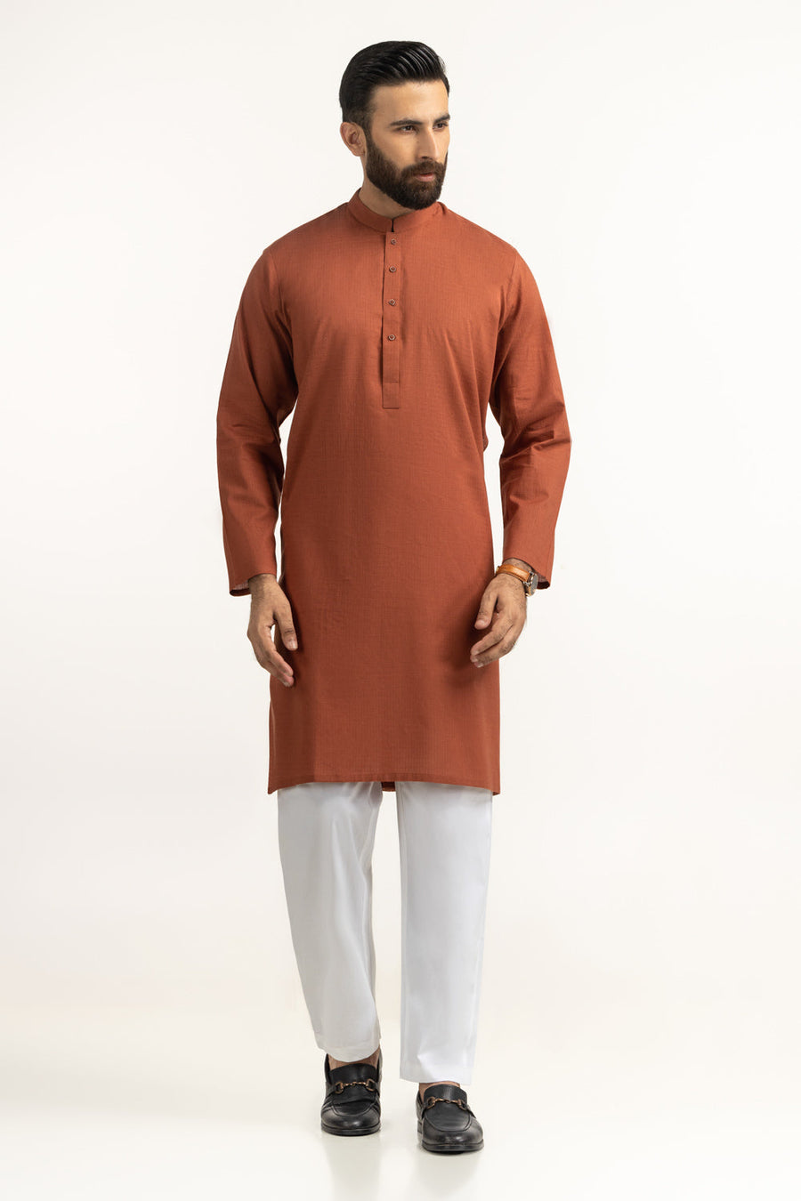 Rust Brown Cotton Kurta | Mandarin Collar Minimalist