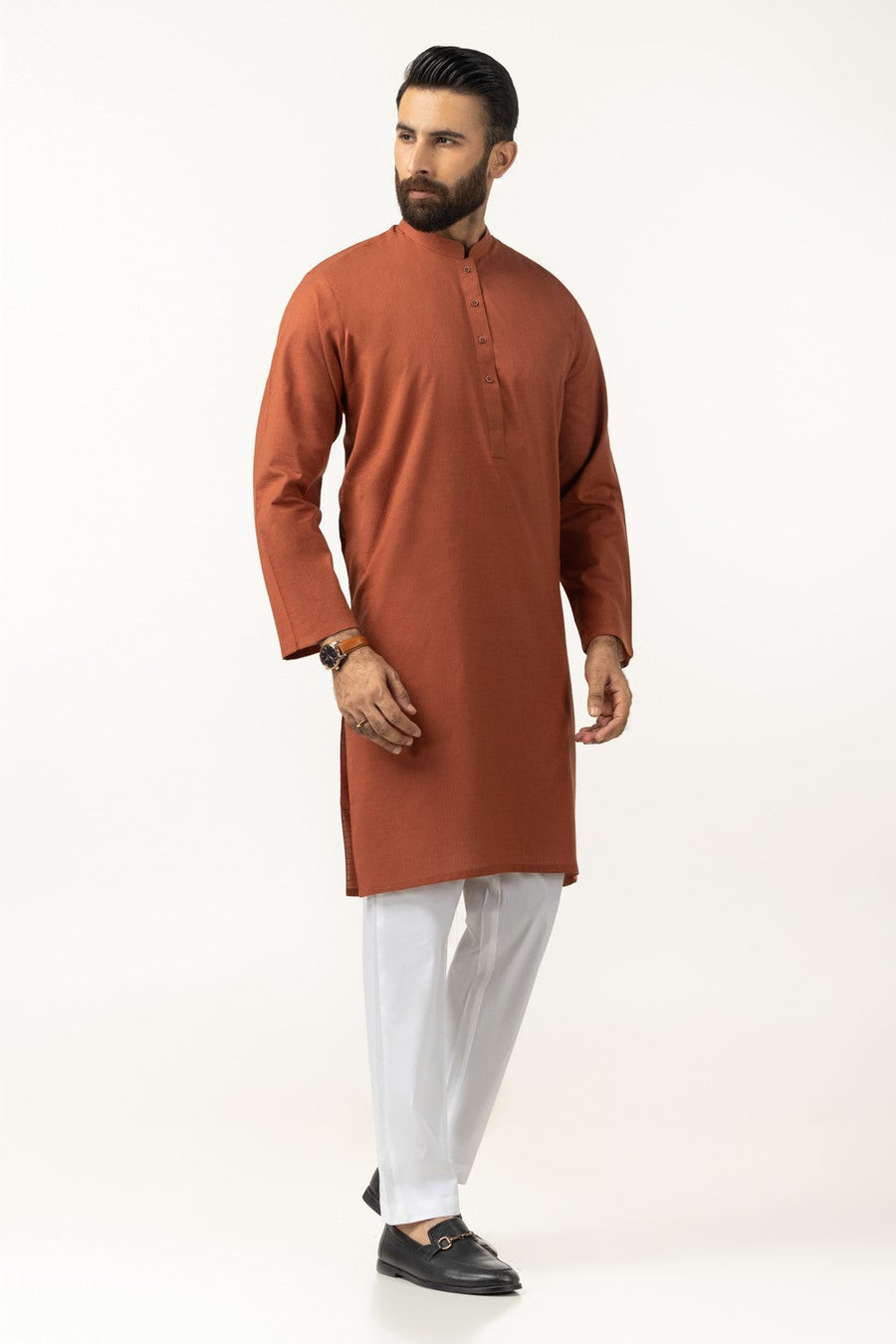 Rust Brown Cotton Kurta | Mandarin Collar Minimalist