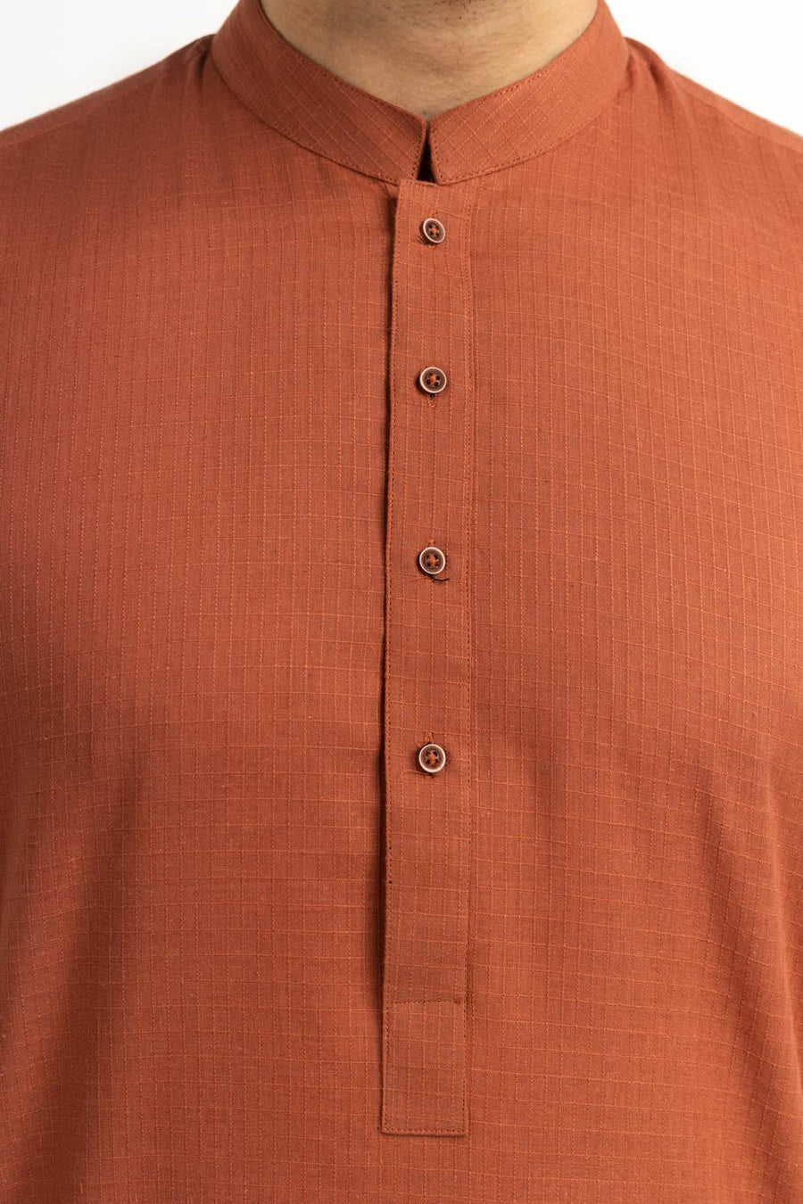 Rust Brown Cotton Kurta | Mandarin Collar Minimalist