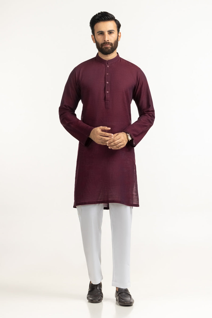 Burgundy Cotton Kurta | Mandarin Collar Button-Front 1-Piece