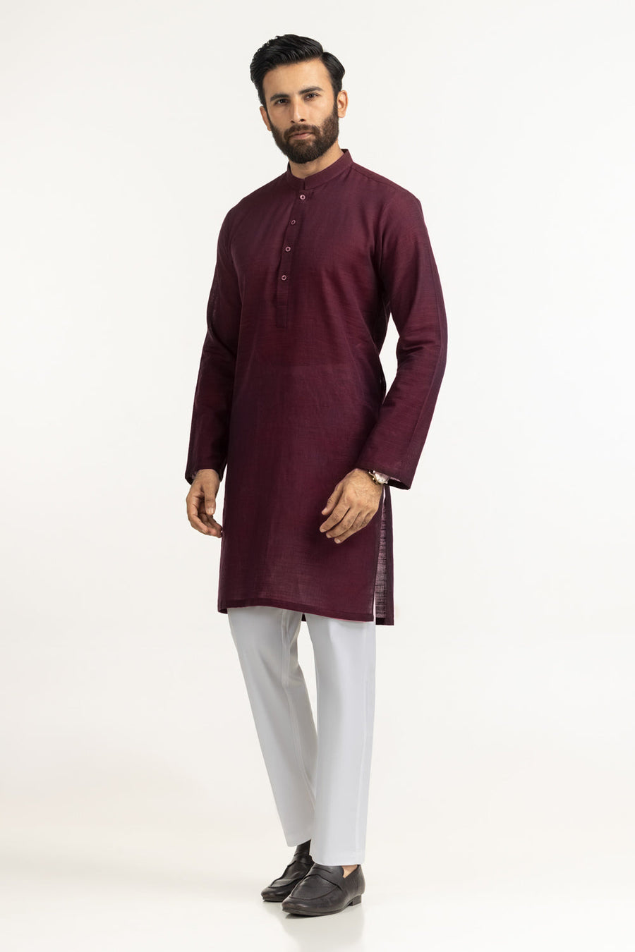 Burgundy Cotton Kurta | Mandarin Collar Button-Front 1-Piece