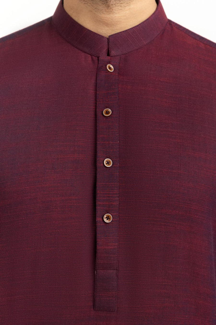Burgundy Cotton Kurta | Mandarin Collar Button-Front 1-Piece