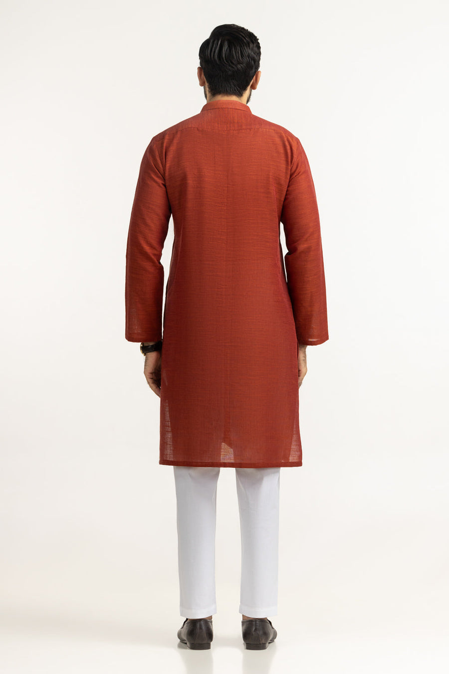 Rust Linen 2-Piece Kurta | Mandarin Collar Button Front