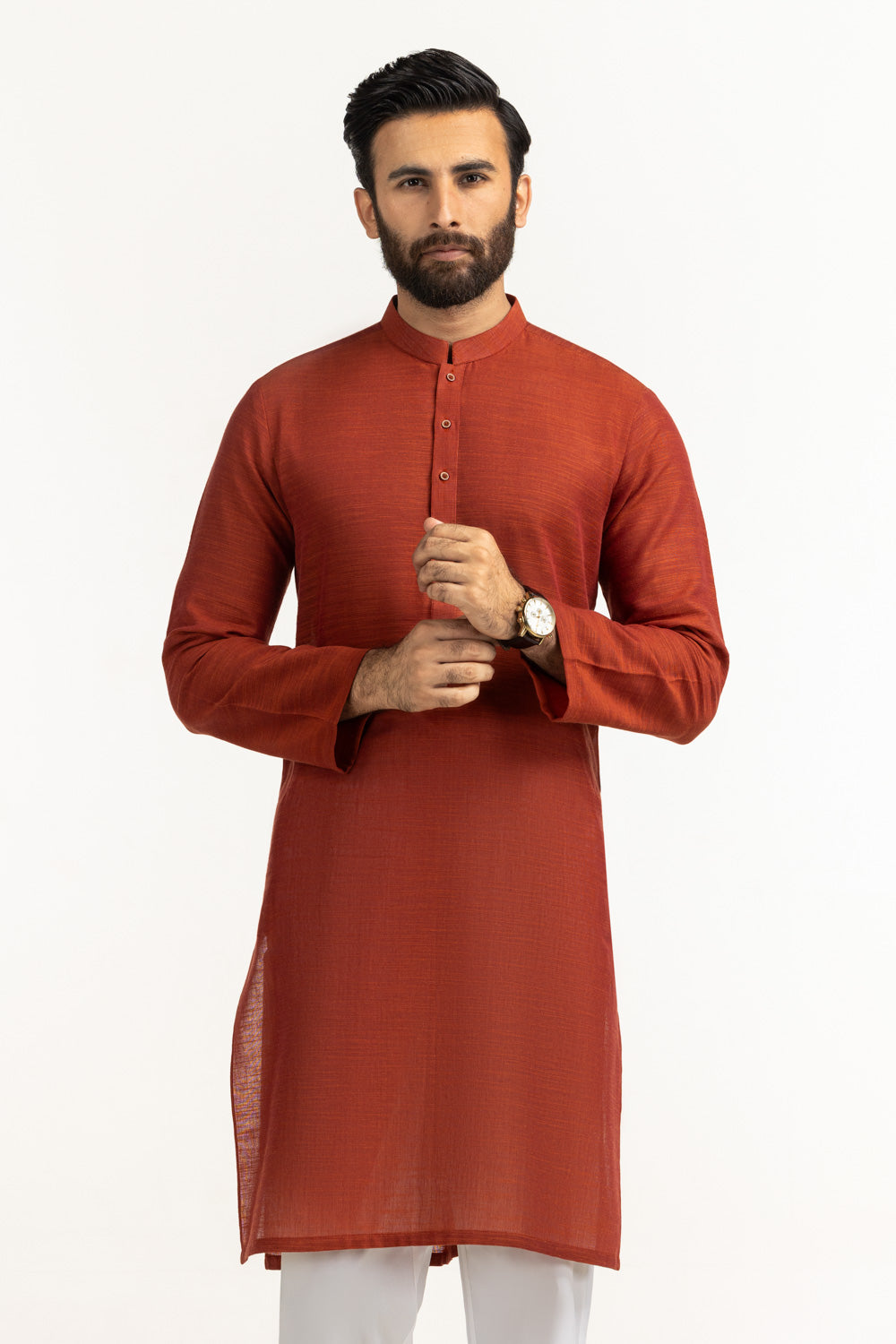 Rust Linen 2-Piece Kurta | Mandarin Collar Button Front