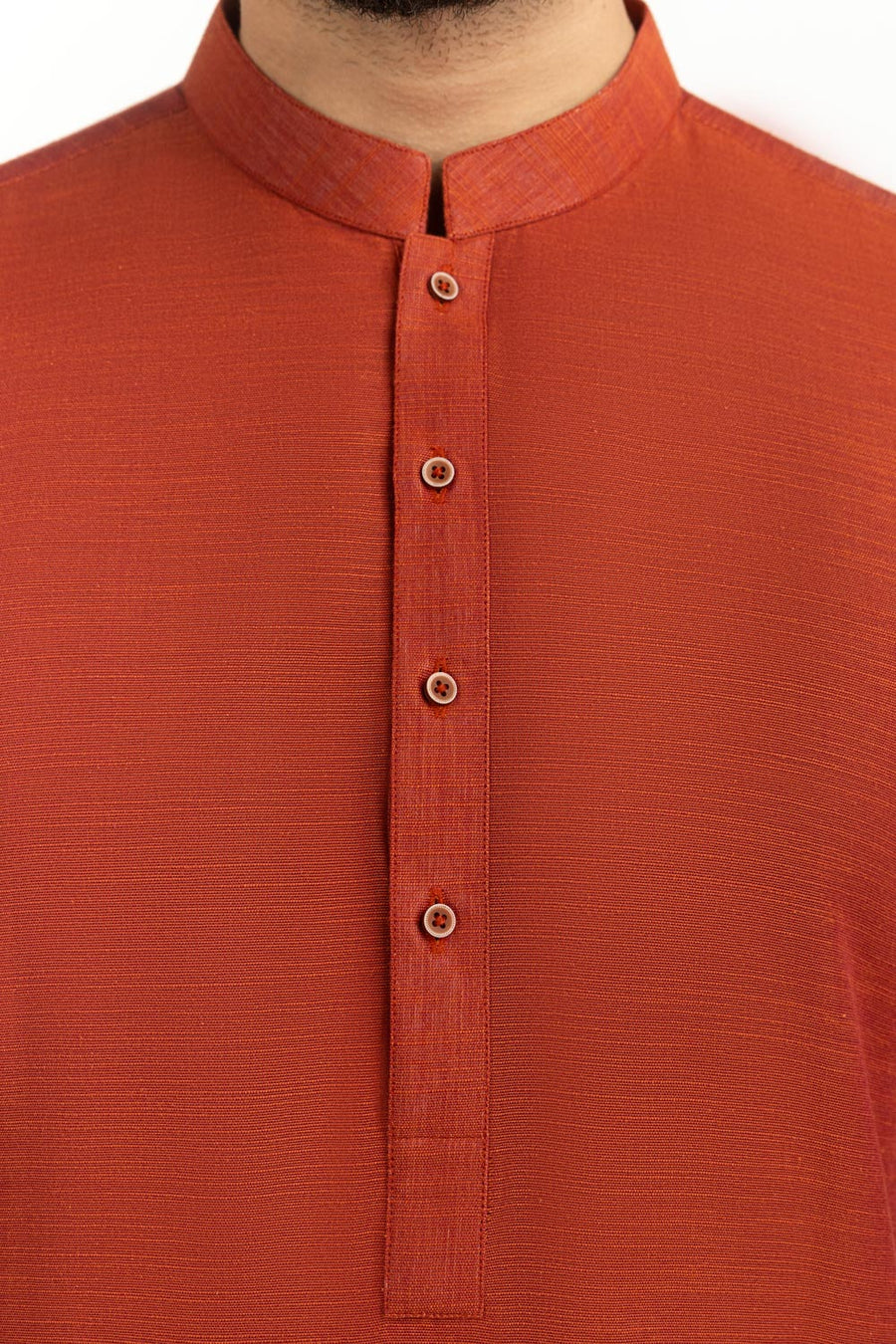 Rust Linen 2-Piece Kurta | Mandarin Collar Button Front