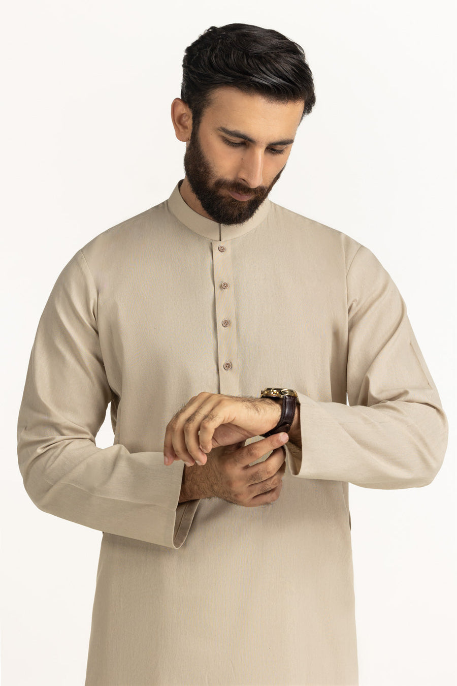 Cream Silk 2-Piece Kurta | Mandarin Collar with Button Placket