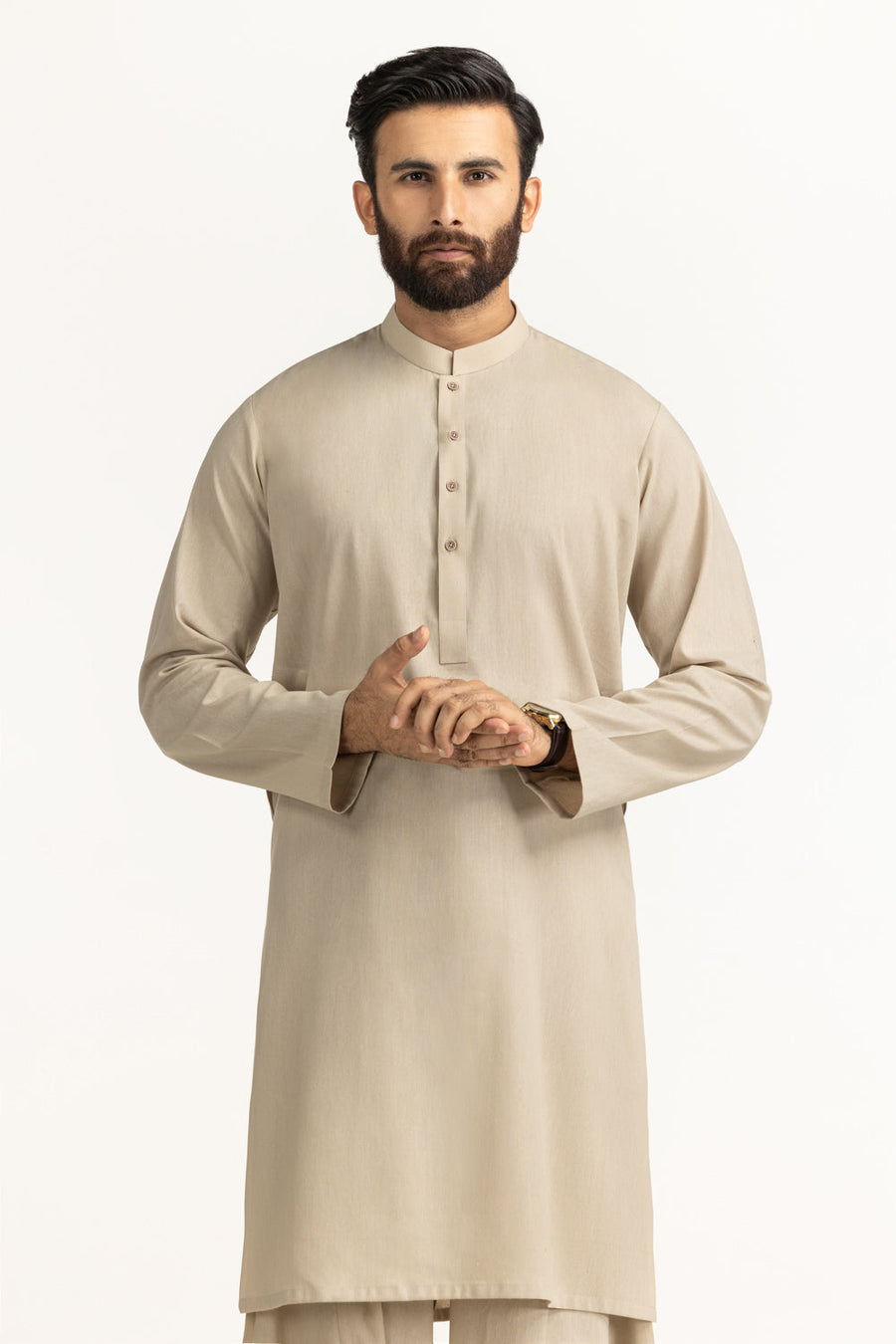 Cream Silk 2-Piece Kurta | Mandarin Collar with Button Placket