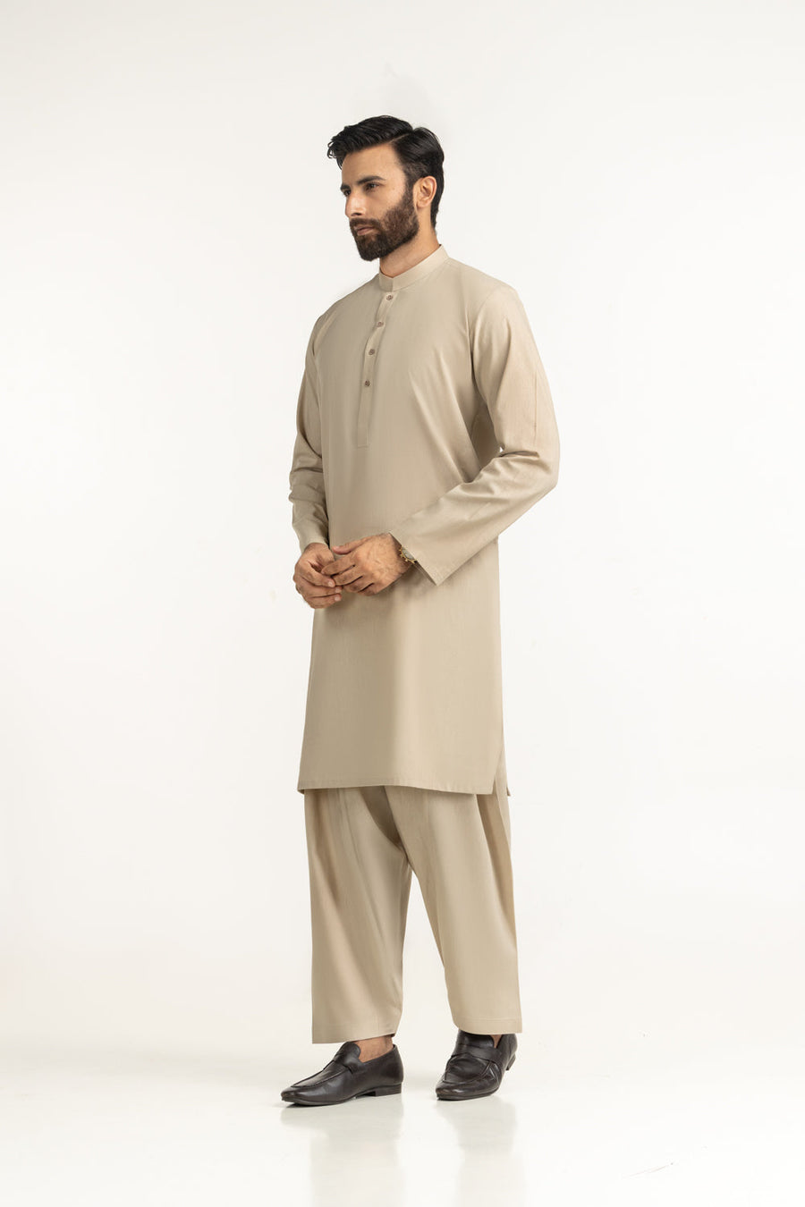 Cream Silk 2-Piece Kurta | Mandarin Collar with Button Placket