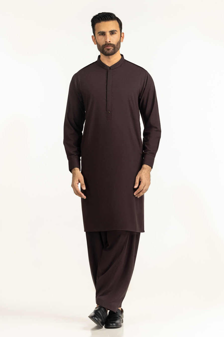 Chocolate Brown Silk 2-Piece Kurta | Band Collar