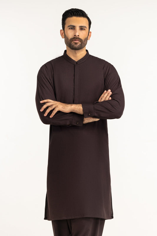Chocolate Brown Silk 2-Piece Kurta | Band Collar