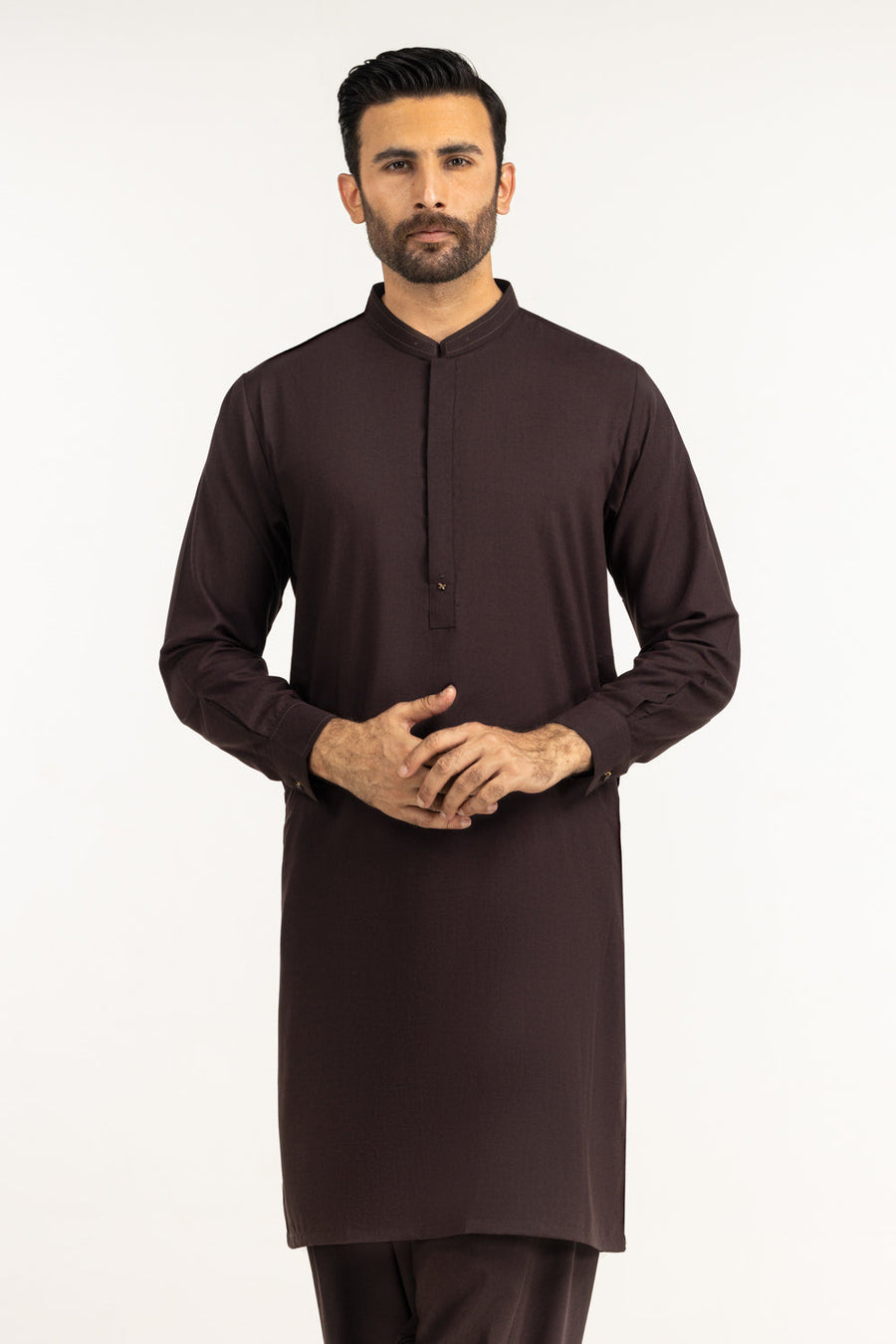 Chocolate Brown Silk 2-Piece Kurta | Band Collar