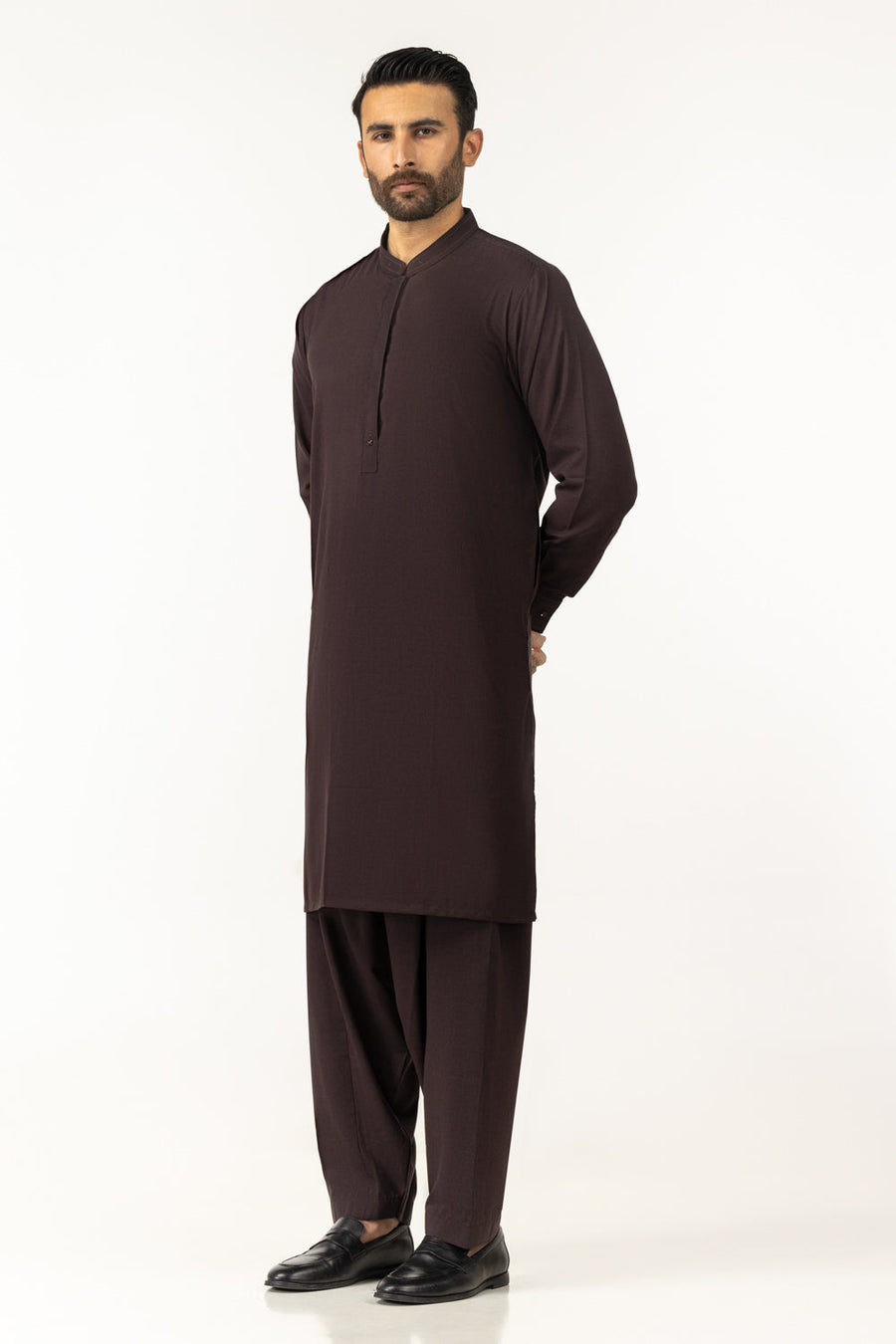 Chocolate Brown Silk 2-Piece Kurta | Band Collar