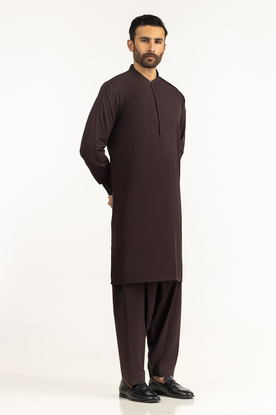 Chocolate Brown Silk 2-Piece Kurta | Band Collar