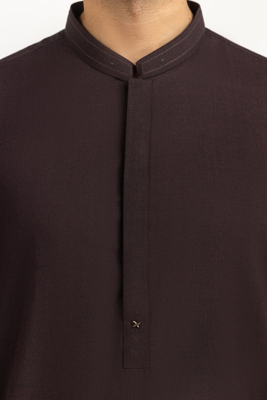 Chocolate Brown Silk 2-Piece Kurta | Band Collar