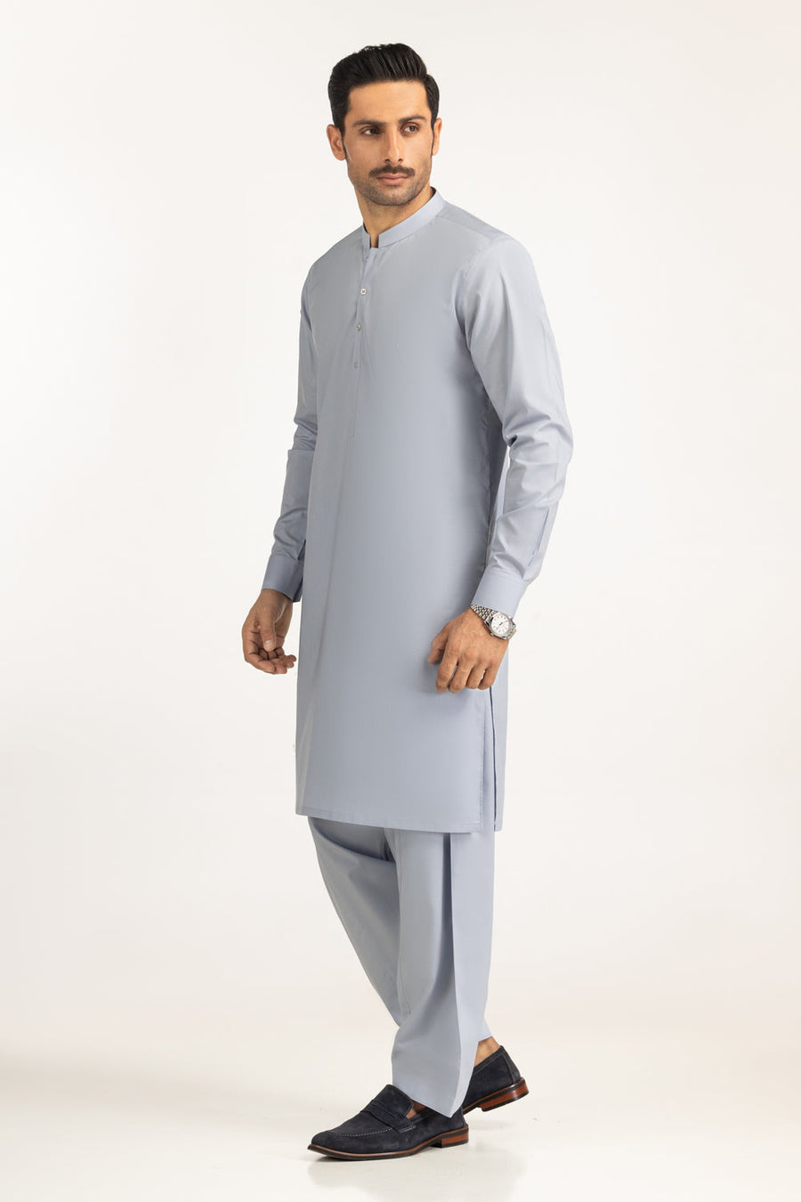 Slate Blue Cotton 2-Piece Kurta | Mandarin Collar Design