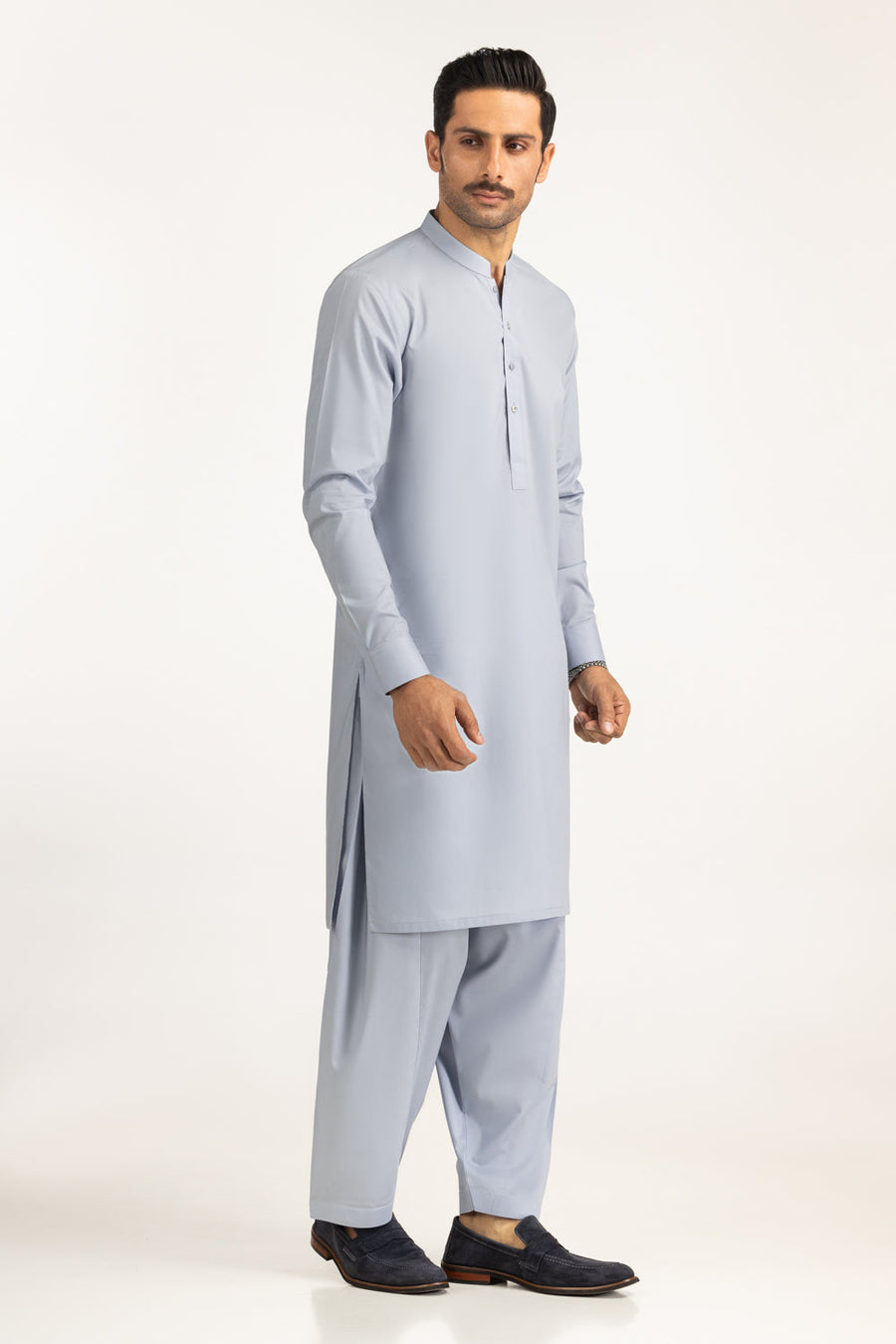Slate Blue Cotton 2-Piece Kurta | Mandarin Collar Design