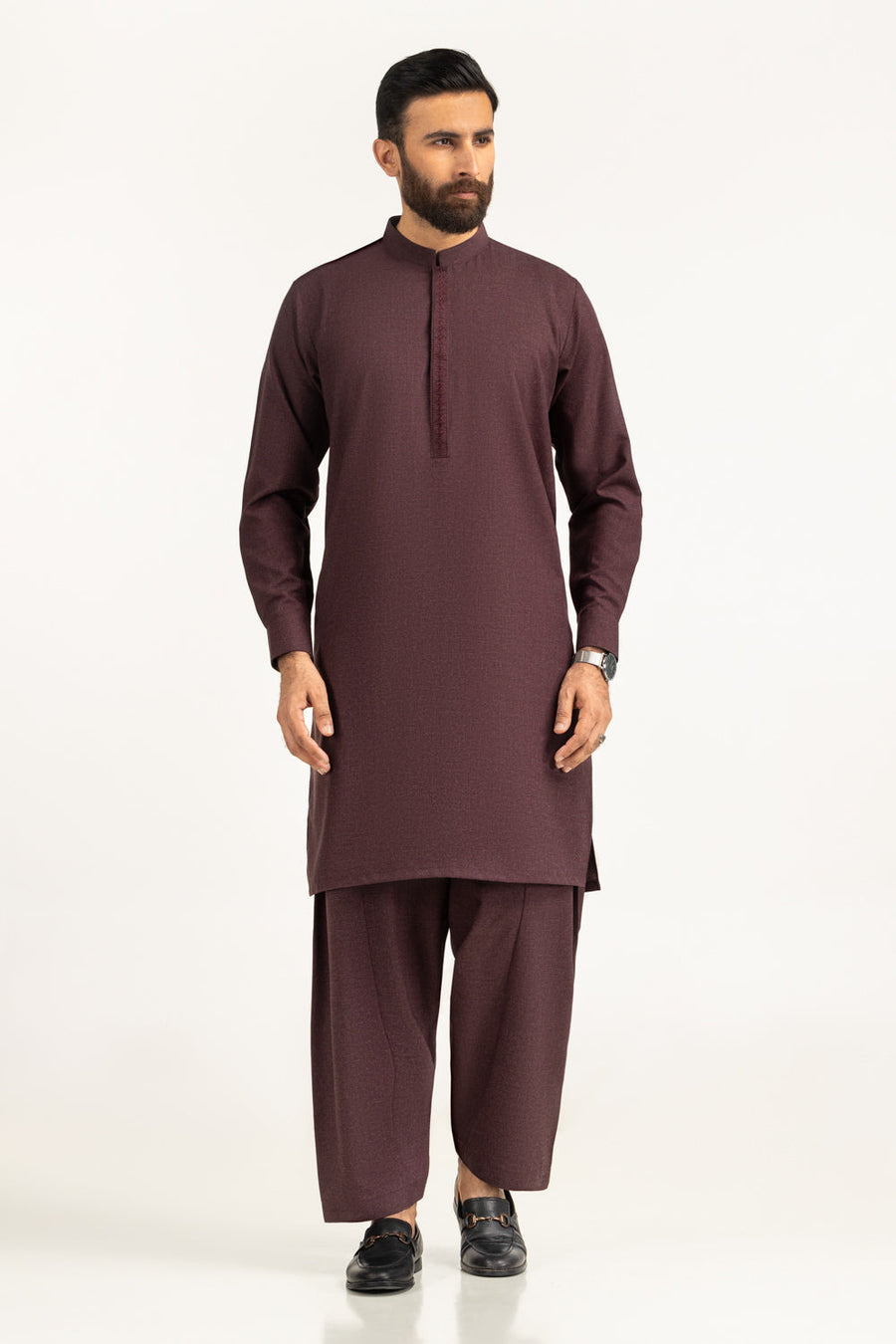 Burgundy Cotton Men's Kurta | Textured Placket Detail
