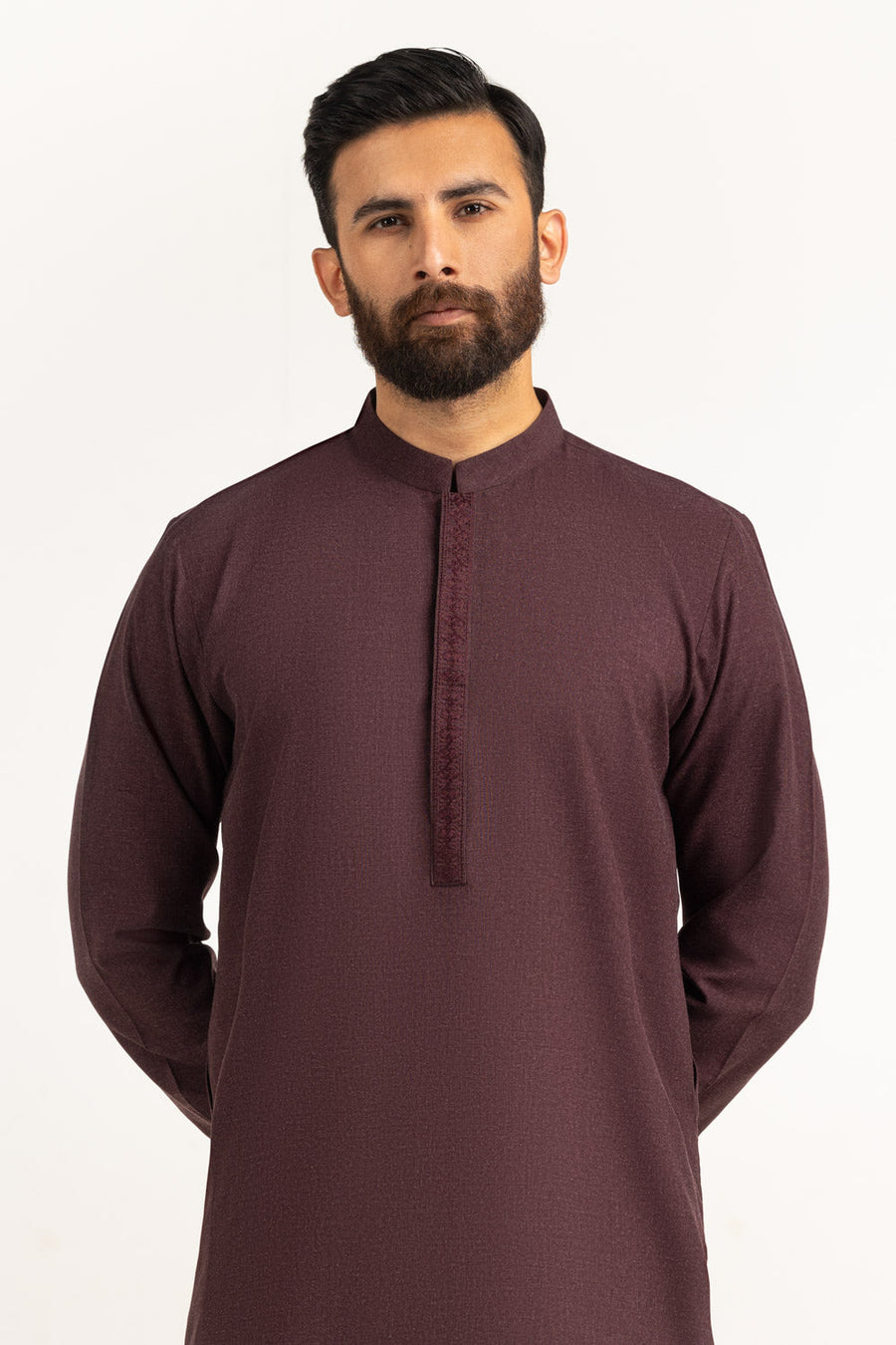 Burgundy Cotton Men's Kurta | Textured Placket Detail