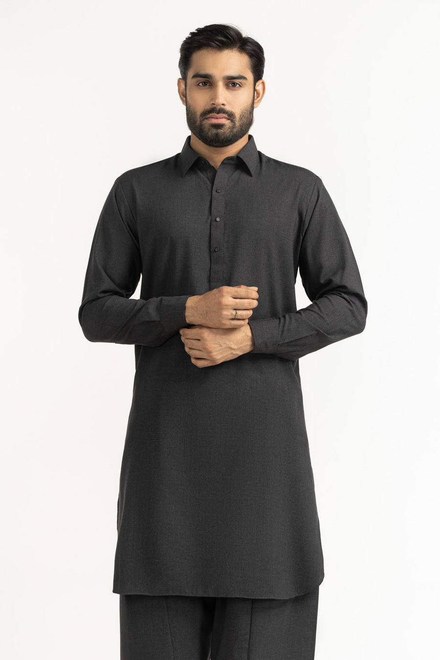 Charcoal Khaddar 2-Piece Kurta | Tailored Collar Design
