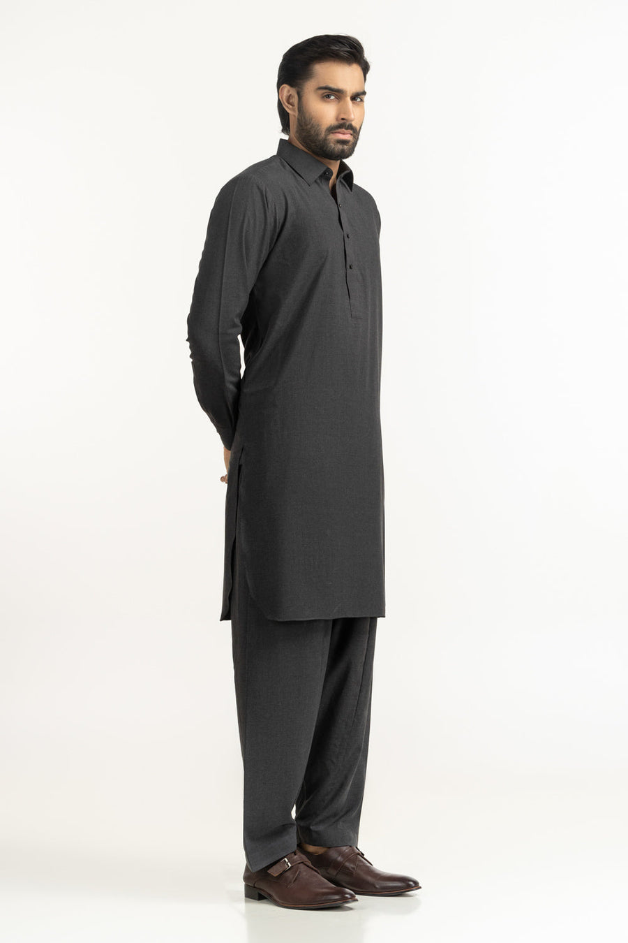 Charcoal Khaddar 2-Piece Kurta | Tailored Collar Design