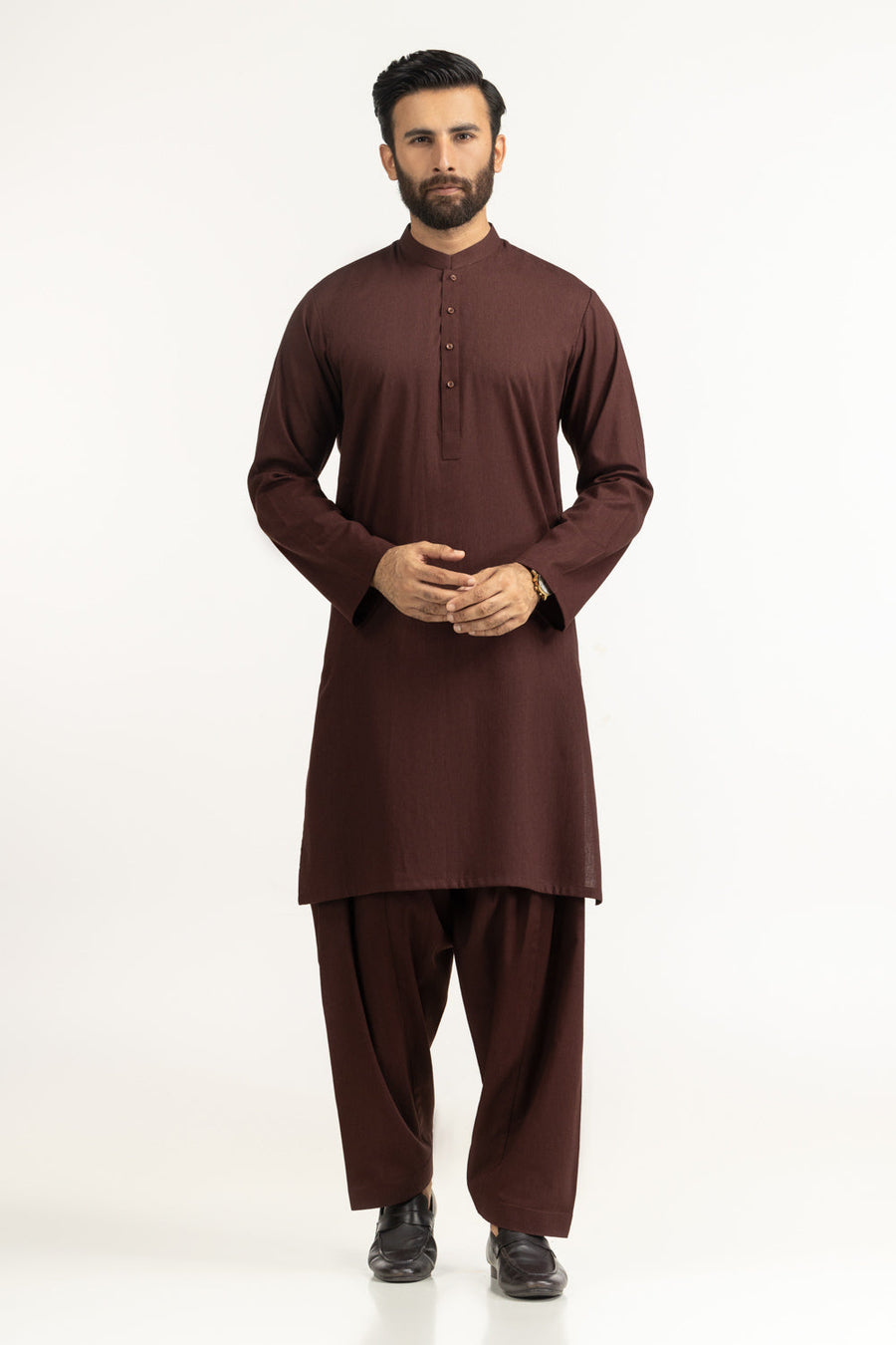 Chocolate Brown Mulberry Silk 2-Piece Kurta | Henley Neckline