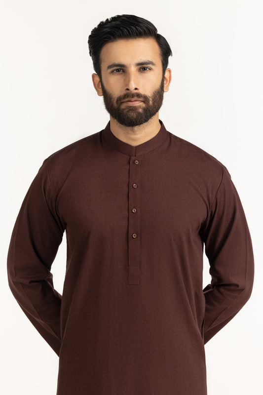 Chocolate Brown Mulberry Silk 2-Piece Kurta | Henley Neckline