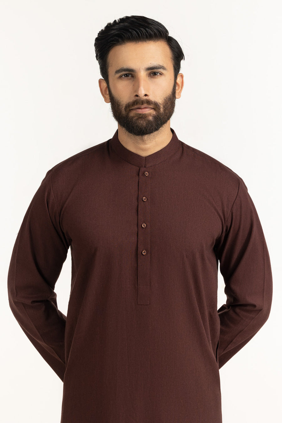 Chocolate Brown Mulberry Silk 2-Piece Kurta | Henley Neckline