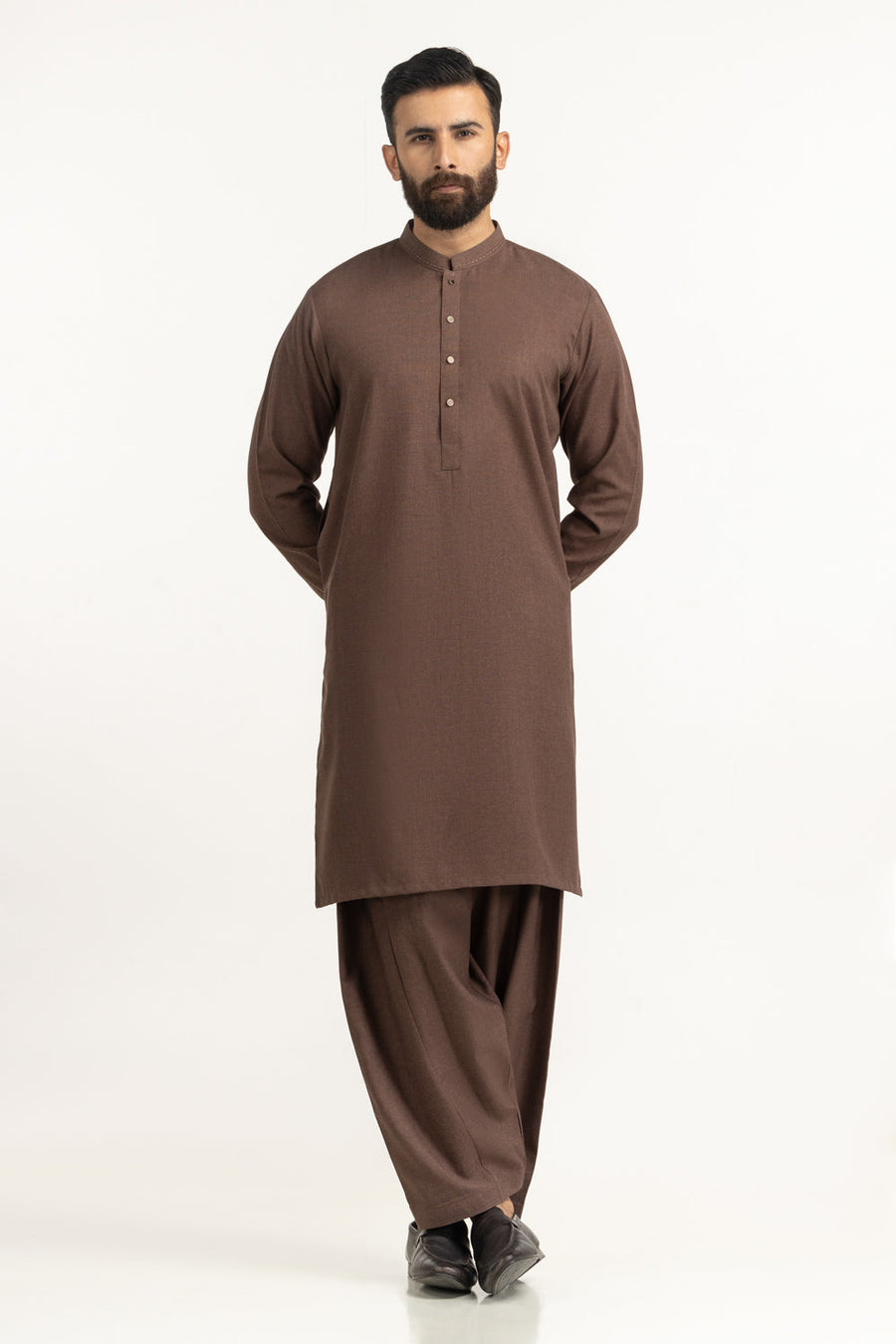 Chocolate Brown Silk 2-Piece Kurta | Mandarin Collar