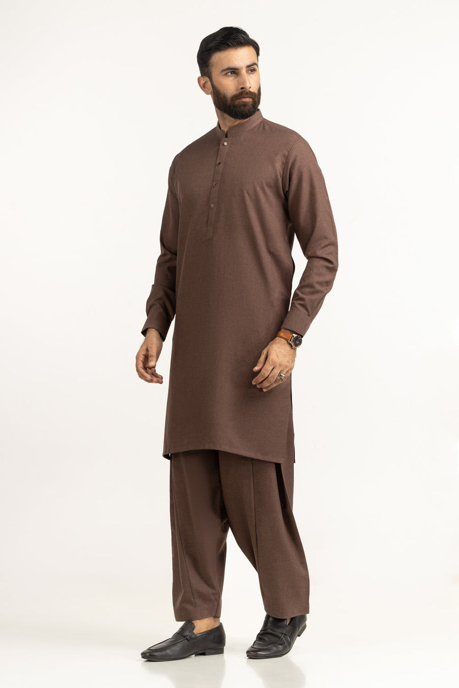 Chocolate Brown Silk 2-Piece Kurta | Mandarin Collar