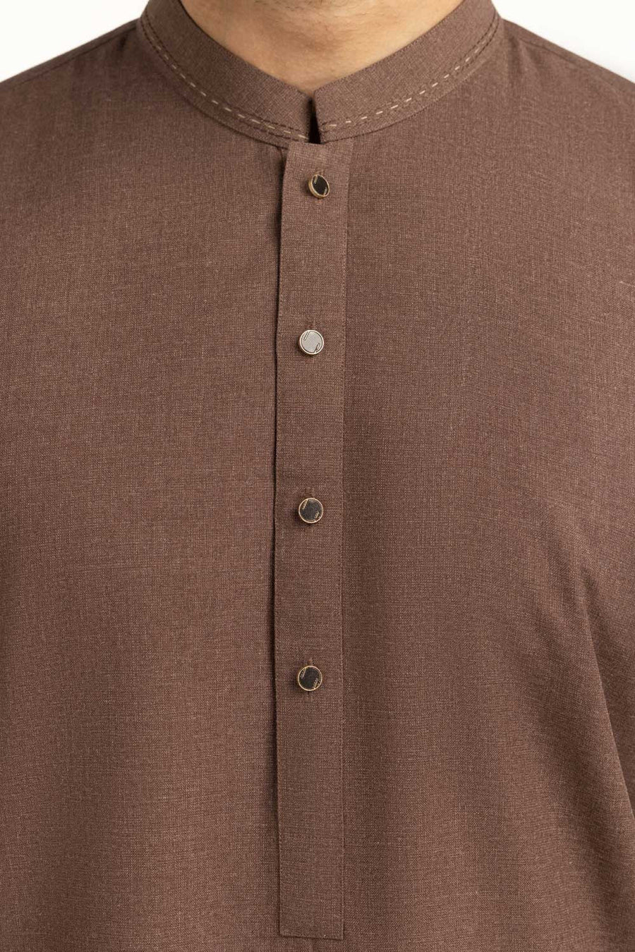 Chocolate Brown Silk 2-Piece Kurta | Mandarin Collar