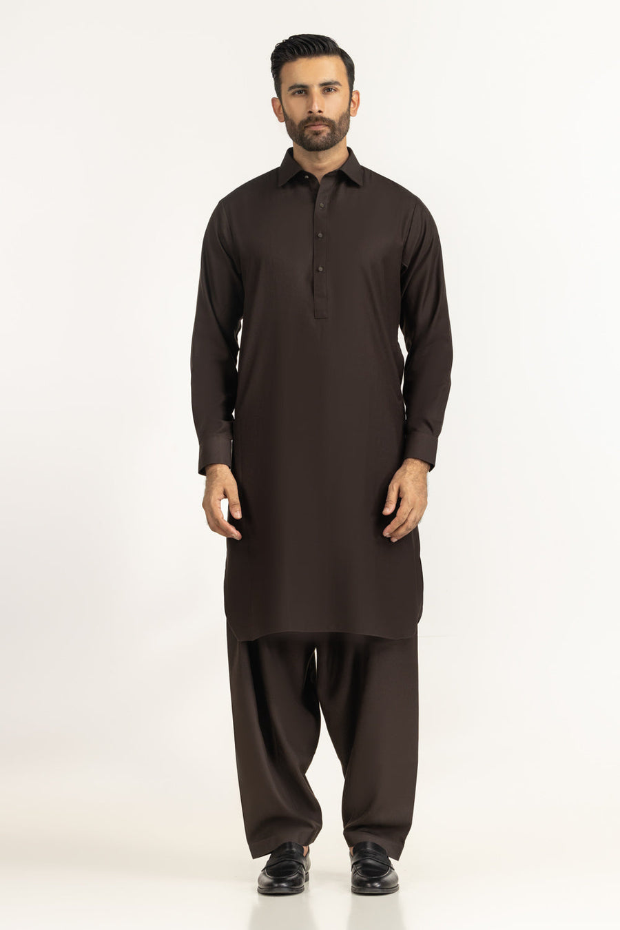 Chocolate Brown Silk 2-Piece Kurta | Buttoned Placket Design
