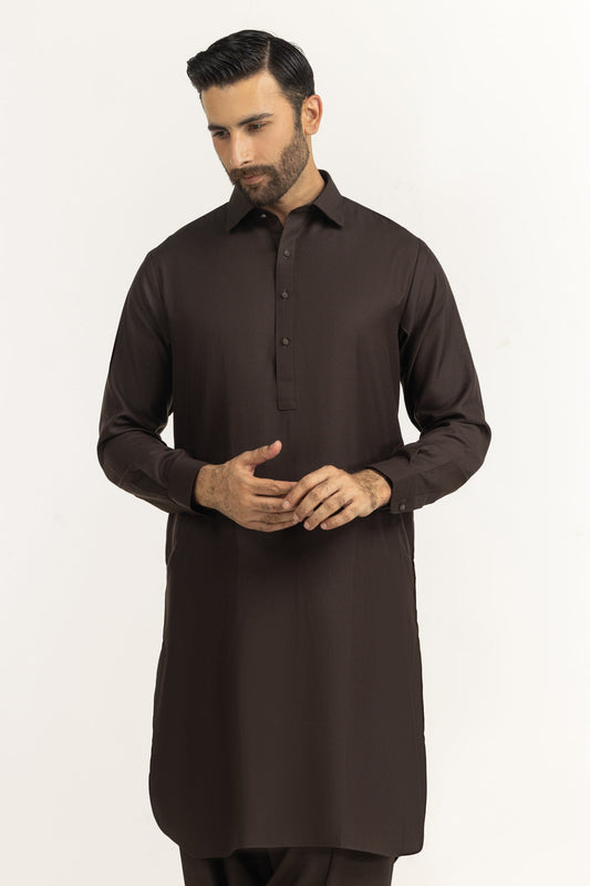 Chocolate Brown Silk 2-Piece Kurta | Buttoned Placket Design